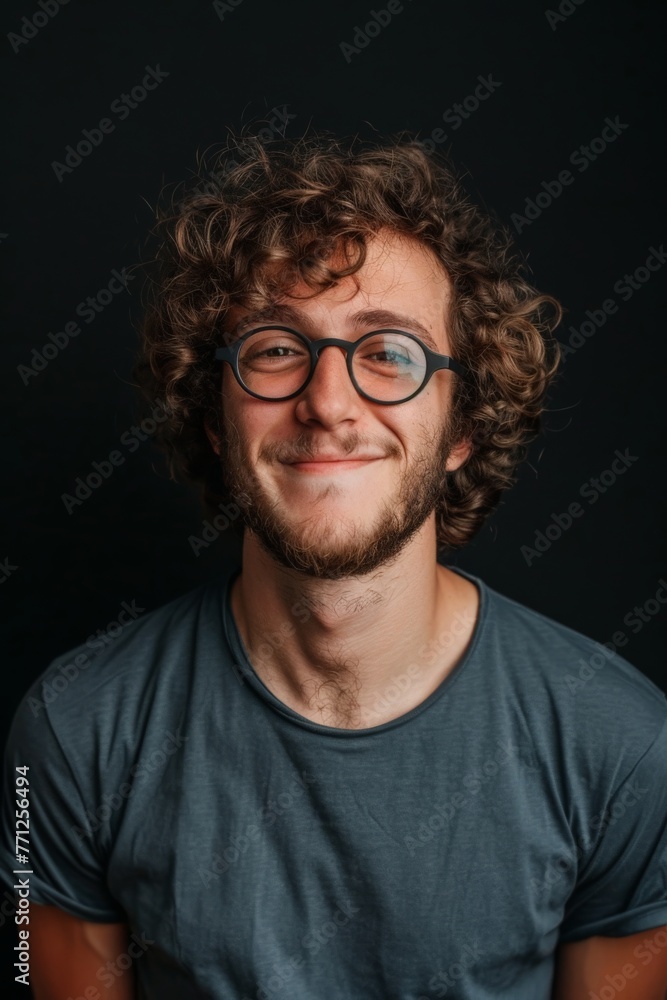Obraz premium Smiling Man With Curly Hair and Glasses