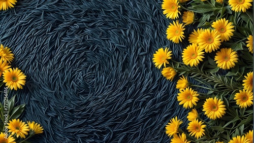 A blue furry rug with yellow daisies scattered around the edges, photo