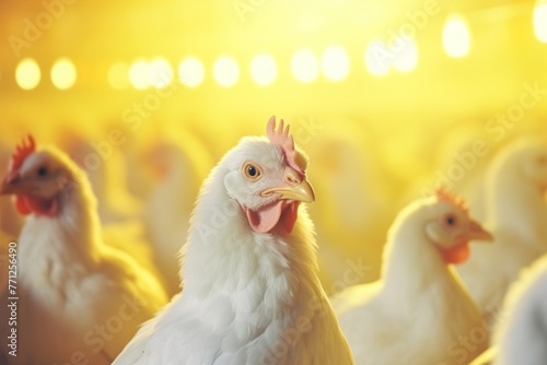 White chicken in smart farming with auto feeding and yellow light