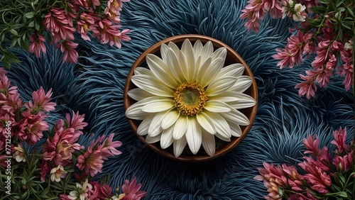 A single white flower in a bowl, surrounded by a blue shaggy photo