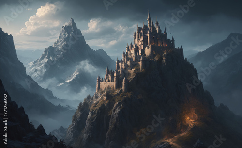 art illustration of fantasy fiction ancient castle on mountain peak, dark, ultra detailed