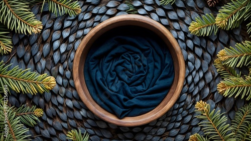 A wooden bowl filled with a dark blue cloth, backdrop photo