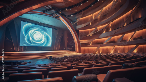 A 4K HDR luxury business trip to a high-tech conference center, with a futuristic auditorium and keynote speakers on stage. photo
