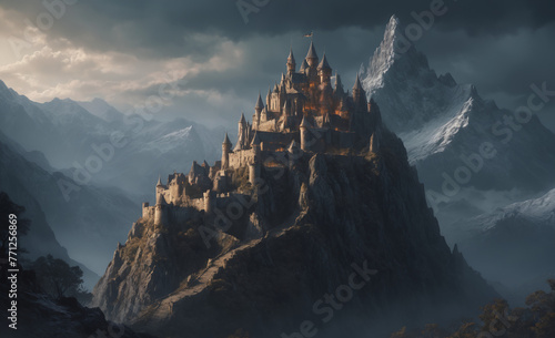 art illustration of fantasy fiction ancient castle on mountain peak, dark, ultra detailed