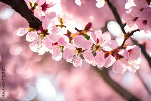 An HD closeup of the enchanting pink cherry blossoms  their petals glistening  with a dreamy  blurred background adding to their allure.