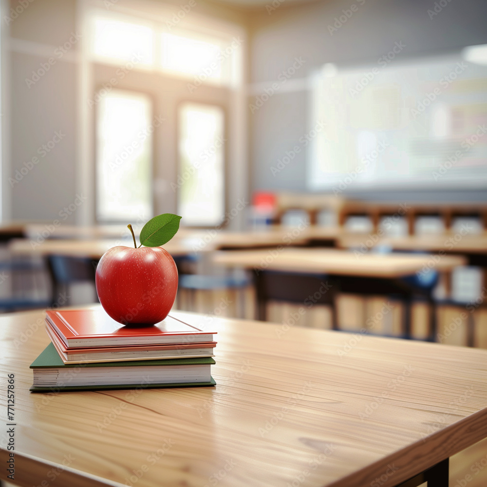 School teacher's desk with a stack of books and apple School teacher's desk with a stack of books and apple