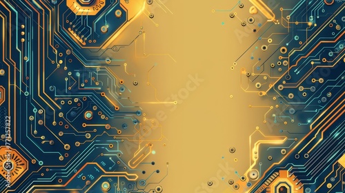 Golden and blue hues enhance this intricate electronic circuit design..