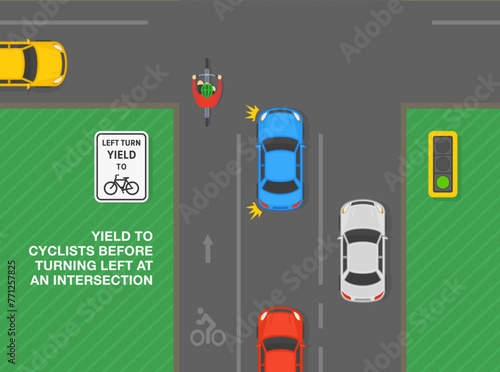 Safe driving tips and traffic regulation rules. Yield to cyclists before turning left at an intersection. Top view of a junction with bike lane. Flat vector illustration template.