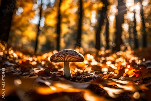 A close-up of a solitary mushroom, standing tall amidst fallen autumn leaves in a sun-dappled forest.