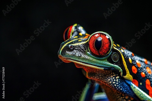 Portrait von einem bunten tropischen Frosch mit roten Augen, schwarzer Hintergrund 