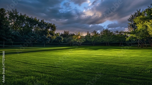 Grassy Field With Trees and Clouds