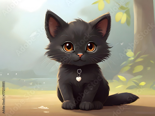 A Captivating Illustration of a Cute Cartoon Black Cat, Set Against a Tranquil multiple color Background, Radiating Timeless Charm and Whimsicality"