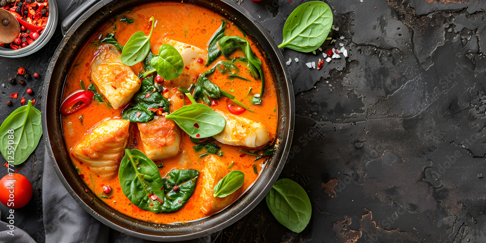 Red curry with spinach coconut milk and baked fish in a black bowl Red curry with spinach coconut milk and baked fish in a black bowl