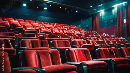 Cinema auditorium with red seats and a row of chairs