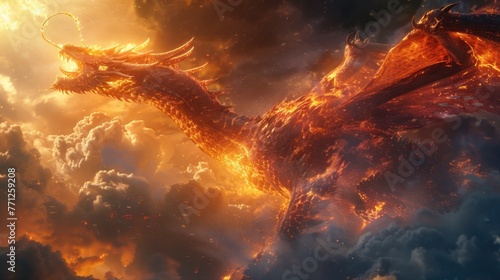 Huge fire dragon in fantasy battle,copy space