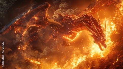 Huge fire dragon in fantasy battle copy space
