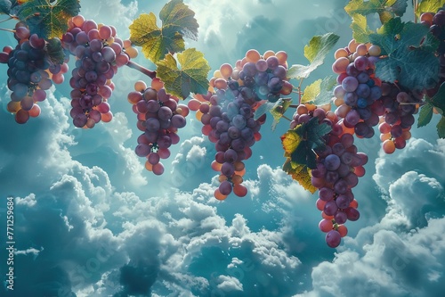 Grapes cluster in the sky, a floating vineyard where wine is dreamt into existence among the clouds , soft shadowns photo