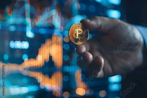 Investor Holding Cryptocurrency Coin with Digital Finance Graph Chart Diagram in the Background