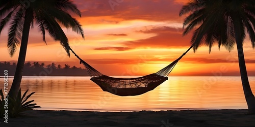 A hammock strung between palm trees, silhouetted against a fiery sunset sky over a calm tropical bay, generative AI © Zohaib