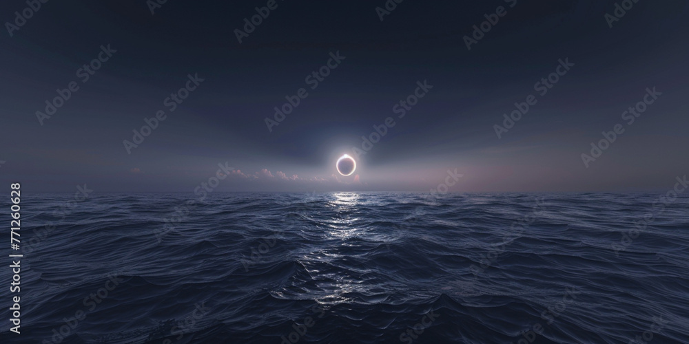 Full moon above mountains and sea ocean water. Rare mysterious natural phenomenon concept. The dark silhouette of moon with clouds landscape Full moon above mountains and sea ocean water. Rare mysterious natural phenomenon concept. The dark silhouette of moon with clouds landscape
