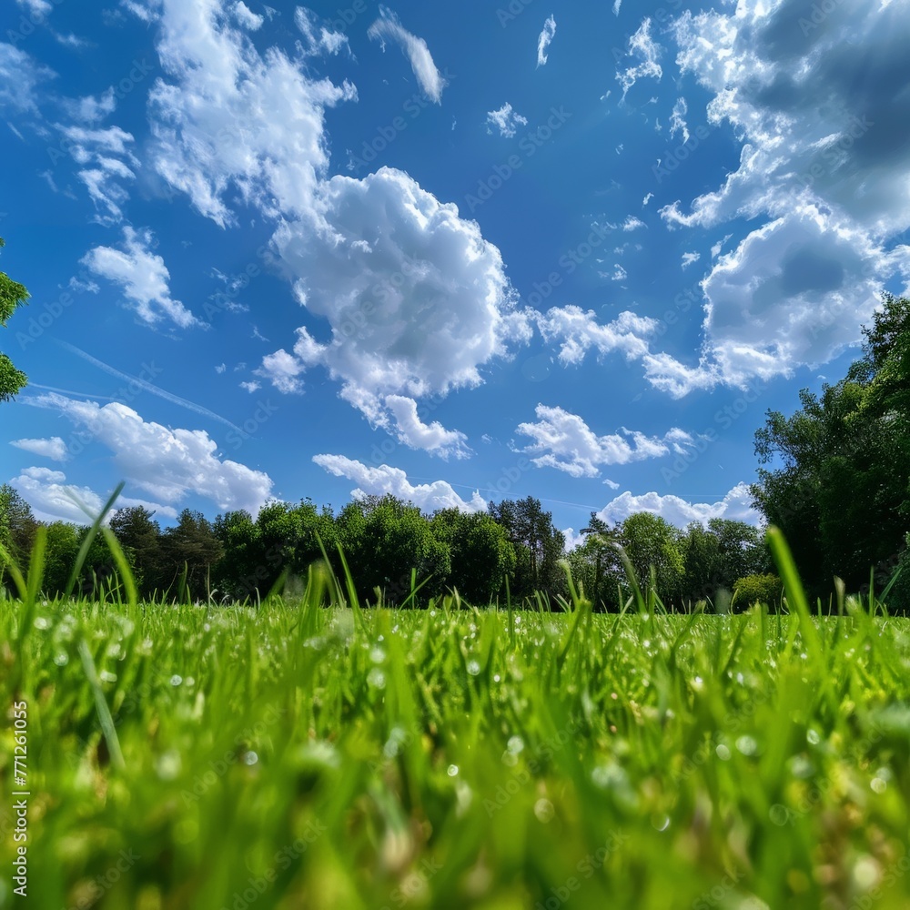 Scenic Grassy Field With Trees and Clouds