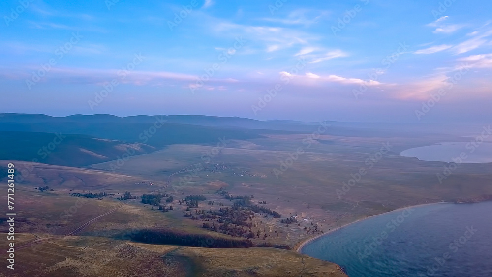 Russia, Lake Baikal, Olkhon Island, Sunset over Small Sea Bay, From Drone