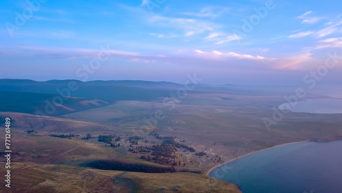 Russia, Lake Baikal, Olkhon Island, Sunset over Small Sea Bay, From Drone