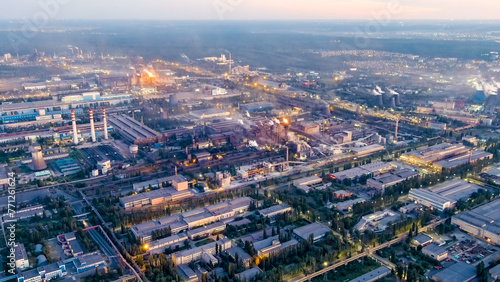 Lipetsk, Russia. Iron and Steel Works. Left Bank District. Time after sunset, Aerial View