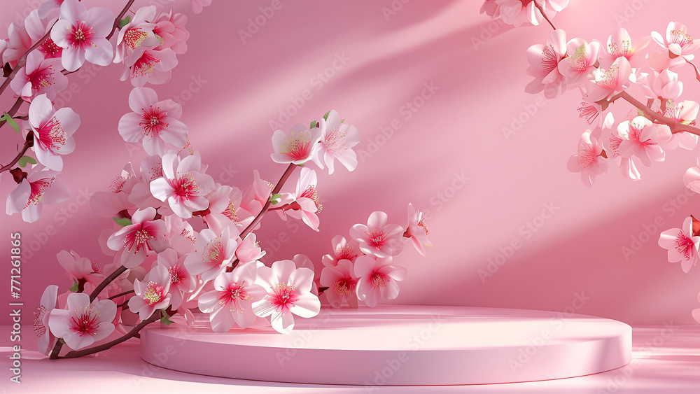 Elegant Exhibit: Minimalist 3D Podium with Blossoms Elegant Exhibit: Minimalist 3D Podium with Blossoms