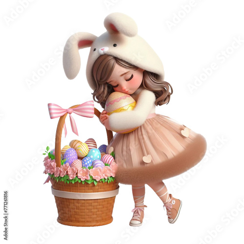 Little girl in a bunny costume hugs an Easter basket with chocolate eggs isolated on PNG background. Generative AI.