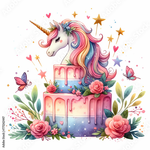 flat icon as Magical Unicorn Cake Fantasy in watercolor hand drawing floral theme with isolated white background  Full depth of field  high quality  include copy space  No noise  creative idea