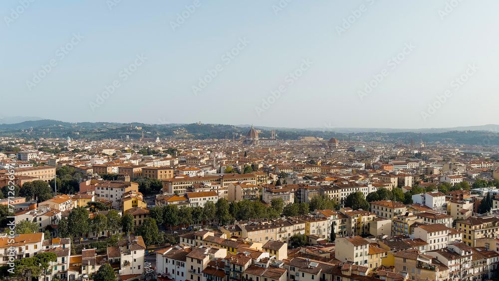 Florence, Italy. Cathedral Santa Maria del Fiore. Panoramic view of the city. Summer. Evening, Aerial View