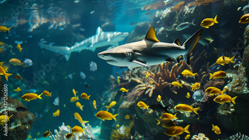 Underwater Intrigue: A Lone Shark Amidst Sea Fish photo
