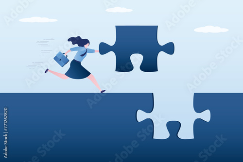 Task completing, finish project. Complete jigsaw puzzle to solve business problem, solution for business achievement. businesswoman holds last missing puzzle piece.