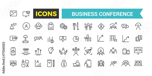 Business Conference Icon Set, Meeting Web Icon Set In Line Style, Conference, Brainstorm, Seminar, Interview, Collection, Vector Illustration