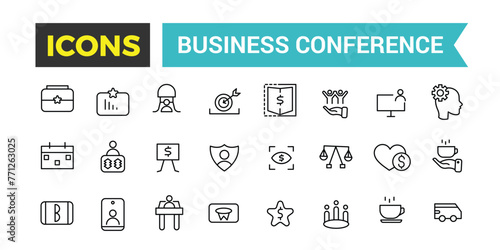 Business Conference Icon Set, Meeting Web Icon Set In Line Style, Conference, Brainstorm, Seminar, Interview, Collection, Vector Illustration