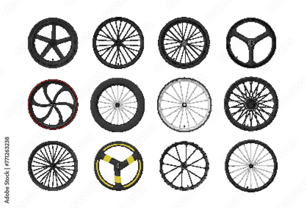 Bicycle wheels rubber tire for speed ride transportation side view set realistic vector illustration
