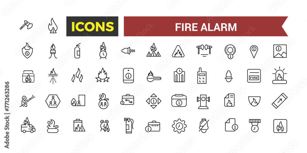Fire Alarm Systems Icons Set, Related To Detector, Smoke Sensor, Sprinkler, Powder Extinguishing Module, Fire Alarm Control Panel, Extinguisher, Emergency Vector Illustration