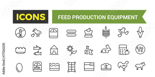 Feed Production Equipment Icon Set, Set Of Compound Feed Plant, Screw Conveyor, Pellet Cooler, Extruder Machine, Drum Dryer, Animal Feed Storage Silos Vector Icons, Vector Illustration