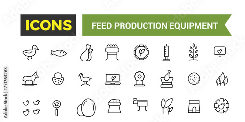 Feed Production Equipment Icon Set, Set Of Compound Feed Plant, Screw Conveyor, Pellet Cooler, Extruder Machine, Drum Dryer, Animal Feed Storage Silos Vector Icons, Vector Illustration