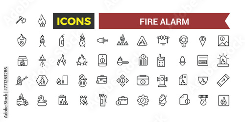 Fire Alarm Systems Icons Set, Related To Detector, Smoke Sensor, Sprinkler, Powder Extinguishing Module, Fire Alarm Control Panel, Extinguisher, Emergency Vector Illustration