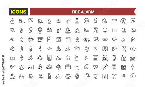 Fire Alarm Systems Icons Set, Related To Detector, Smoke Sensor, Sprinkler, Powder Extinguishing Module, Fire Alarm Control Panel, Extinguisher, Emergency Vector Illustration