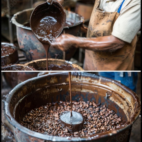 Cocoa Beans Stirred in Hot Chocolate Mixture photo