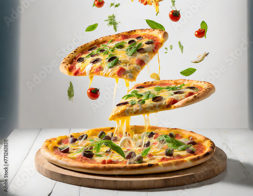Concept promotional flyer and poster for Restaurants or pizzerias, template with delicious taste pepperoni pizza, mozzarella cheese and copy space for your text