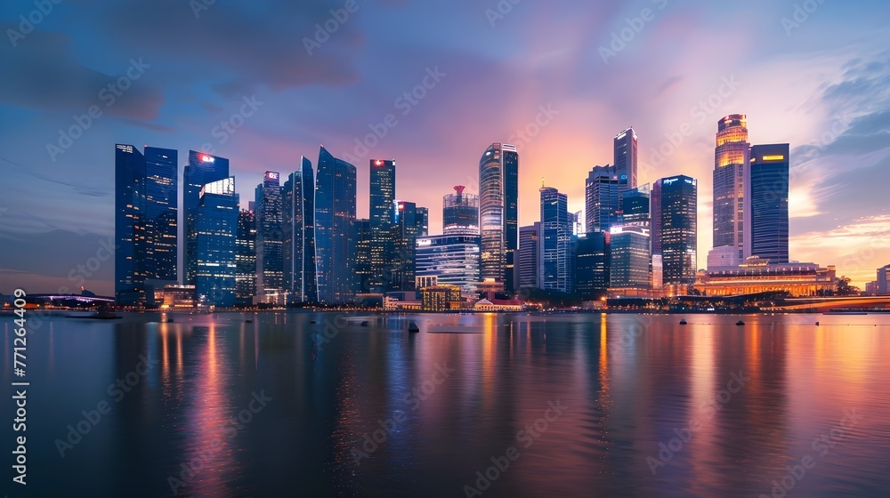 Fototapeta premium Breathtaking Financial District Skyline at Dusk,Symbolizing the Far-Reaching Global Influence of Capital Markets