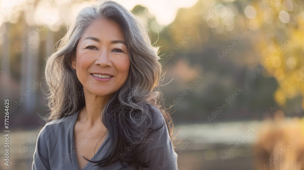 Asian american woman in her 50s who exudes happiness and a sense of feeling truly alive in a beautiful natural park near a lake, genuine smile on her face, relaxed and confident, female who found joy Asian american woman in her 50s who exudes happiness and a sense of feeling truly alive in a beautiful natural park near a lake, genuine smile on her face, relaxed and confident, female who found joy