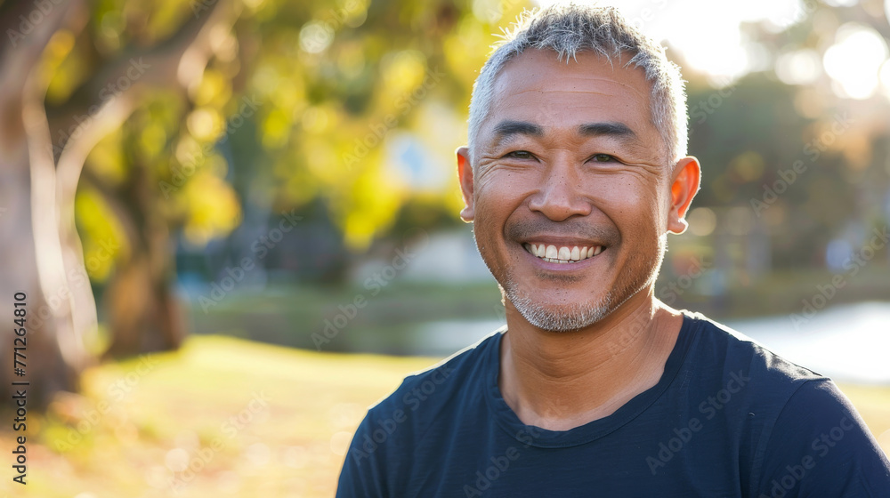 Asian american man in his 50s who exudes happiness and a sense of feeling truly alive in a beautiful natural park near lake, genuine smile on his face, relaxed and confident male who found joy