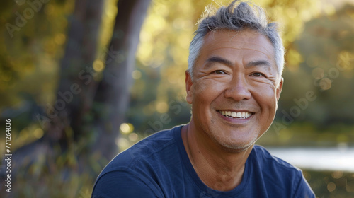Asian american man in his 50s who exudes happiness and a sense of feeling truly alive in a beautiful natural park near lake, genuine smile on his face, relaxed and confident male who found joy