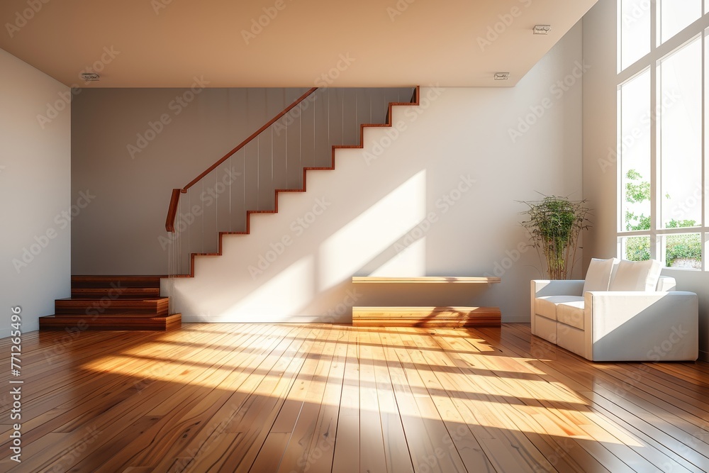 Modern living room interior with sunlight casting shadows on wooden floor Modern living room interior with sunlight casting shadows on wooden floor