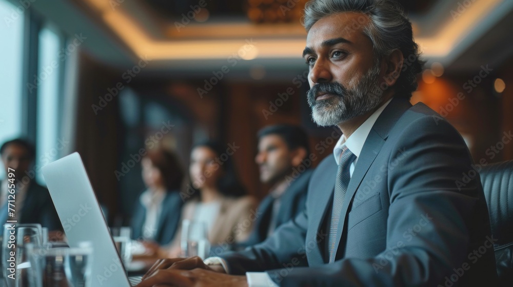 Fototapeta premium Successful Indian CEO Making a Presentation on a Laptop to a Board of Directors During a Corporate Meeting. South Asian Business Partners Discussing International Markets